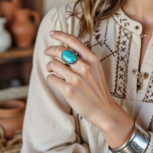 Native American Turquoise and Sterling Silver Statement Ring Navajo Jewelry